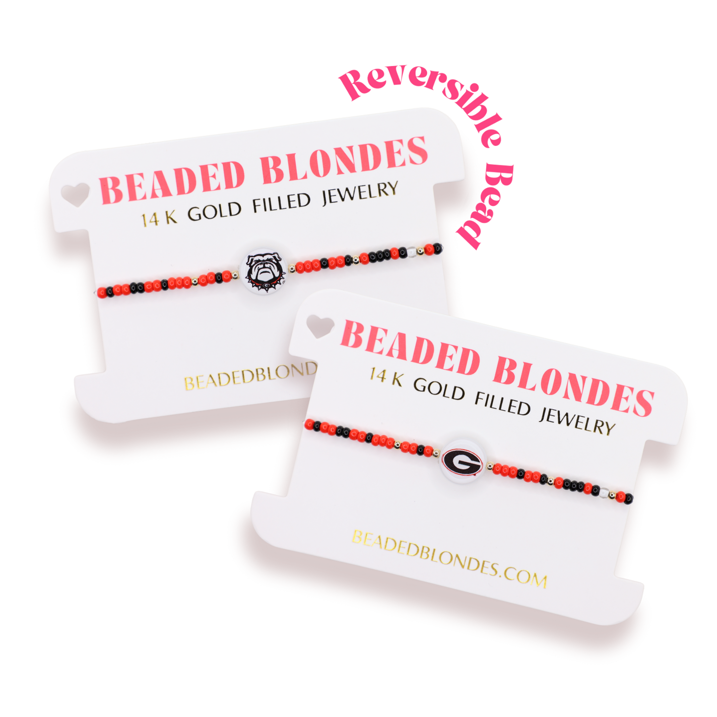 Two reversible beaded bracelets on display with 'Beaded Blondes' packaging.