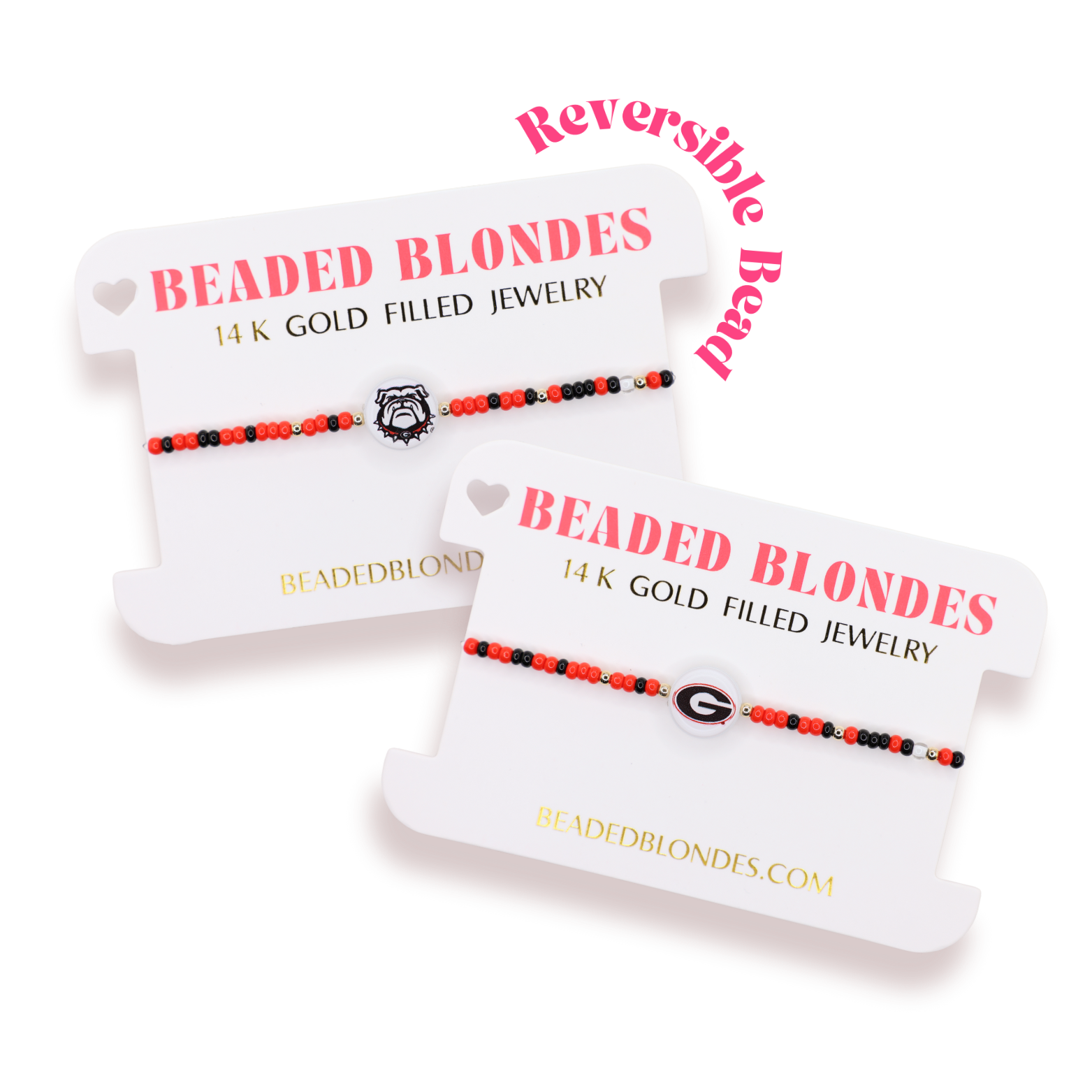 Two reversible beaded bracelets on display with 'Beaded Blondes' packaging.