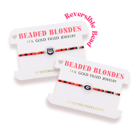 Two reversible beaded bracelets on display with 'Beaded Blondes' packaging.