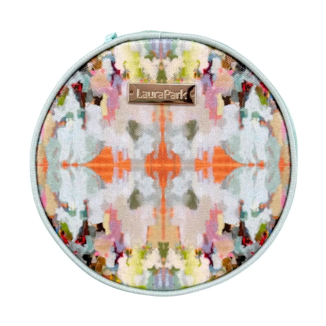 Round pouch with a colorful abstract pattern and 'Laura Park' branding on a white background