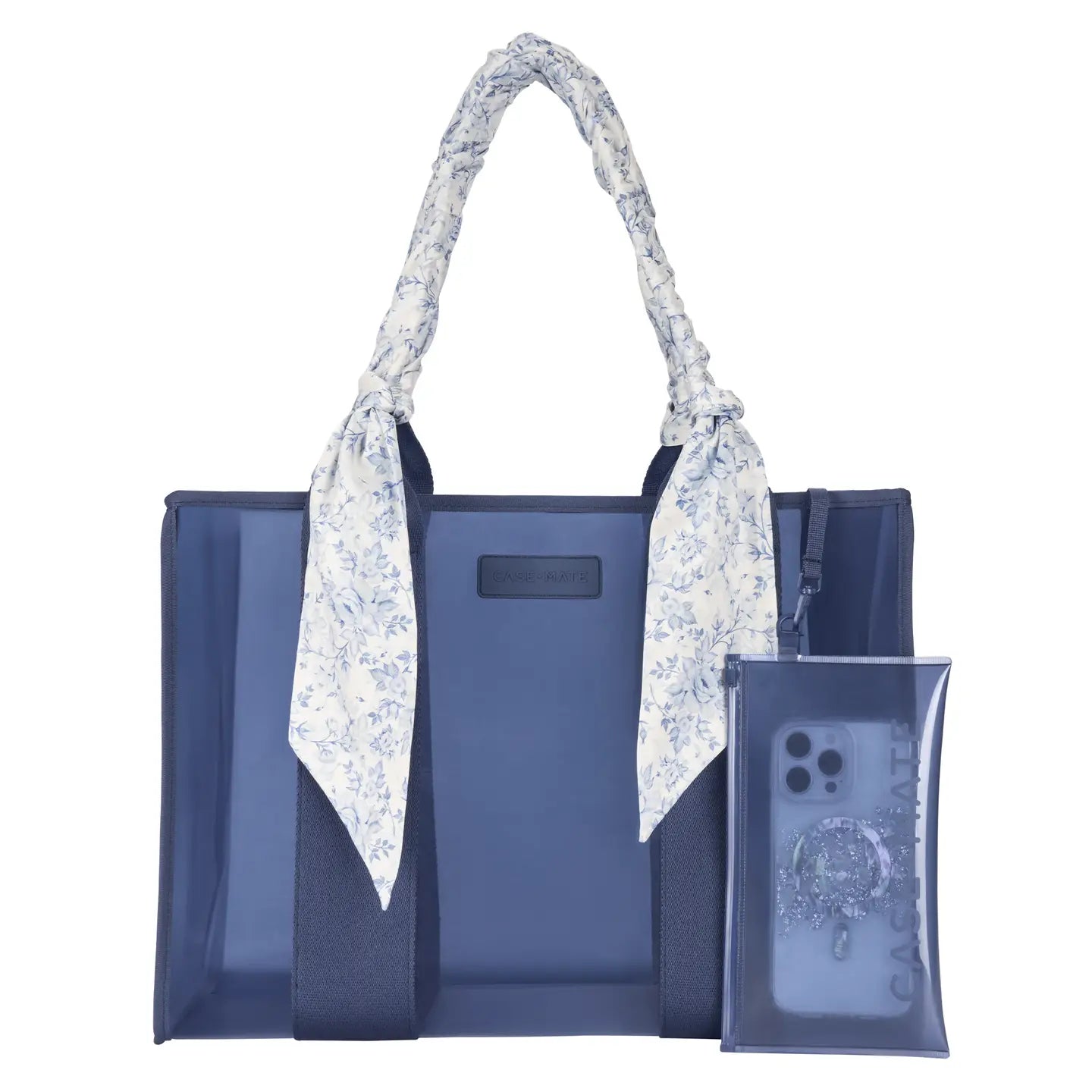 Blue tote bag with floral handle and matching phone case on a white background