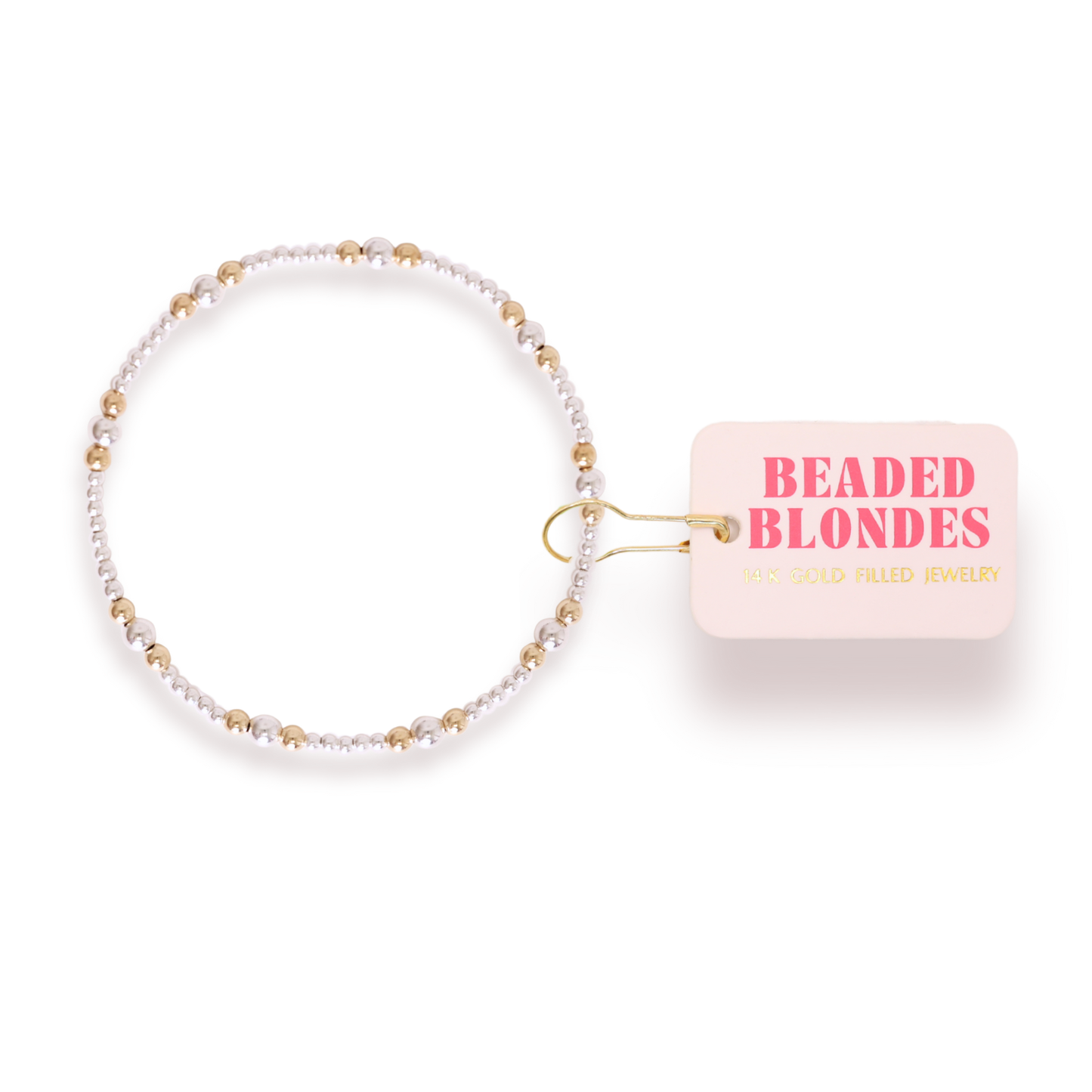 Beaded bracelet with 'Beaded Blondes' packaging on a white background