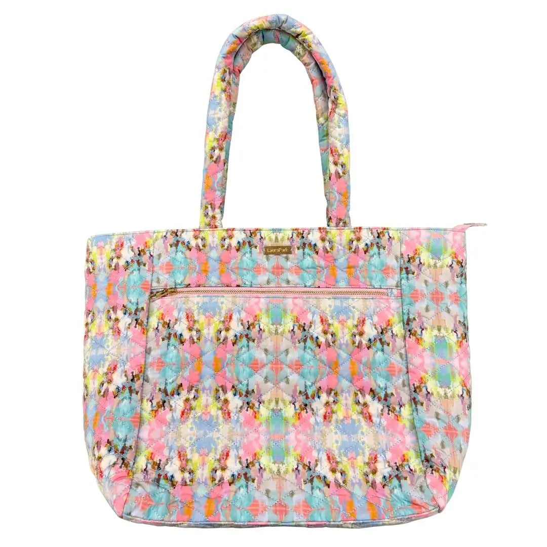 Colorful patterned tote bag on a white background