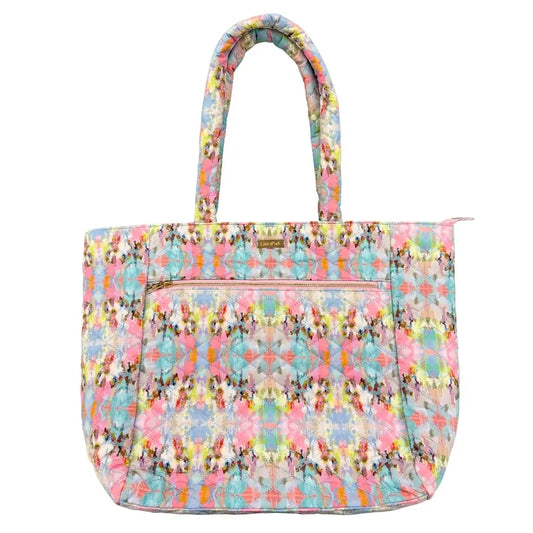 Colorful patterned tote bag on a white background