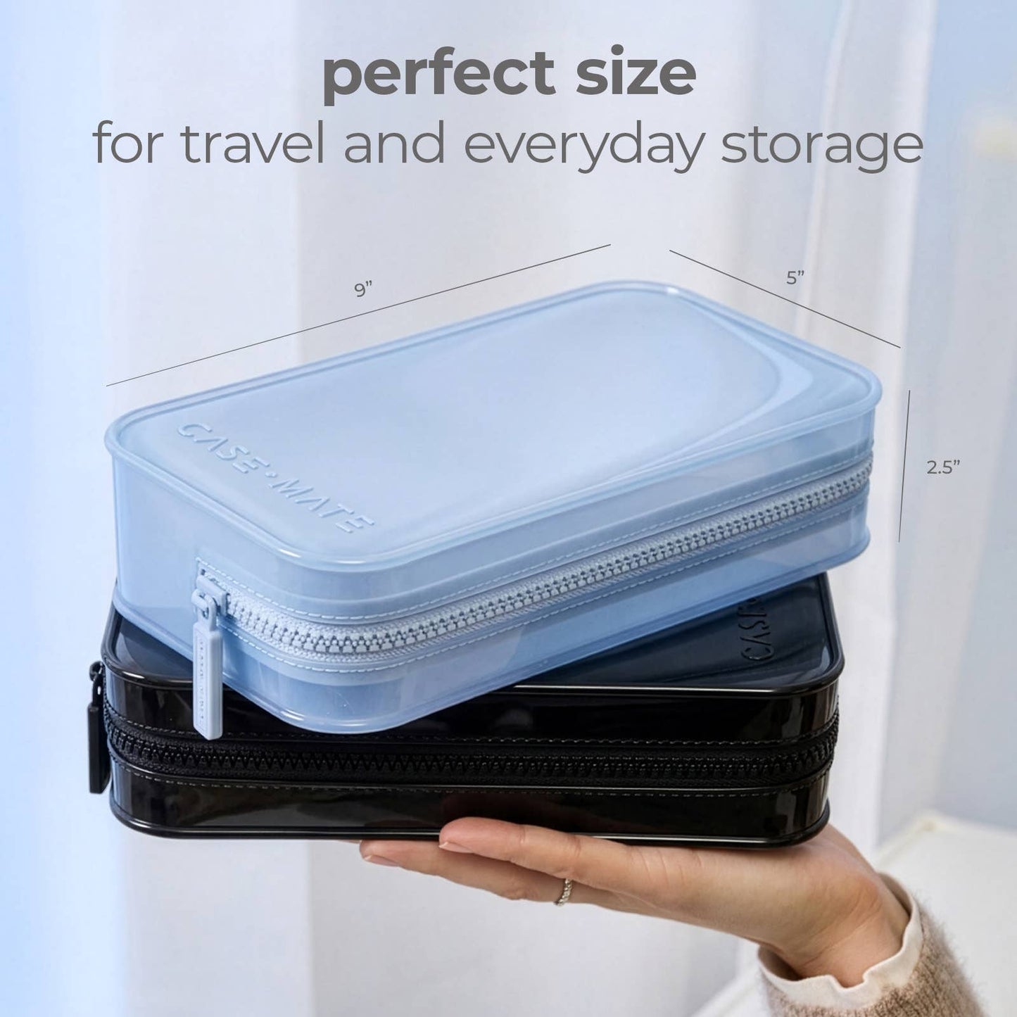 A person's hand holds two zippered storage cases, one light blue and one black, with overlaid dimension lines showing 9 by 5 by 2.5 inches and the text 'perfect size for travel and everyday storage.
