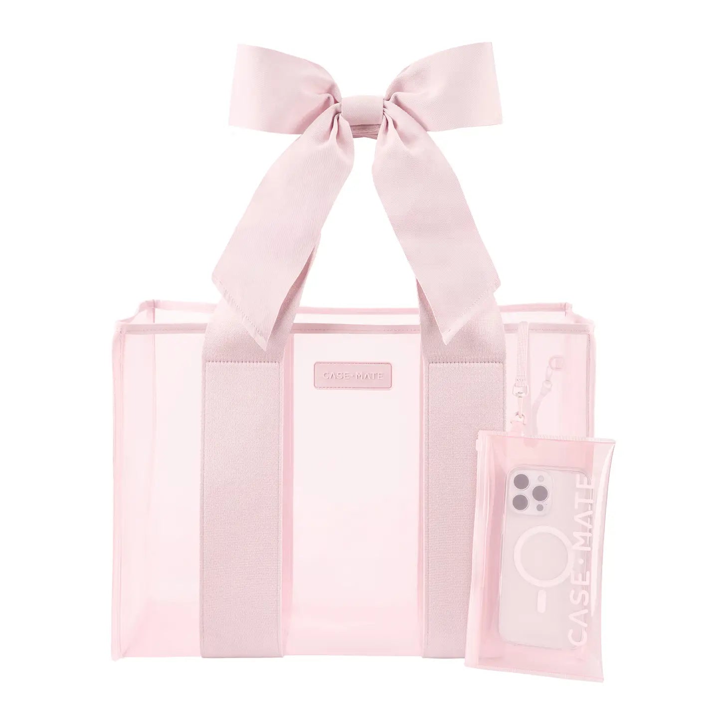 Pink tote bag with a bow and a matching pouch on a white background