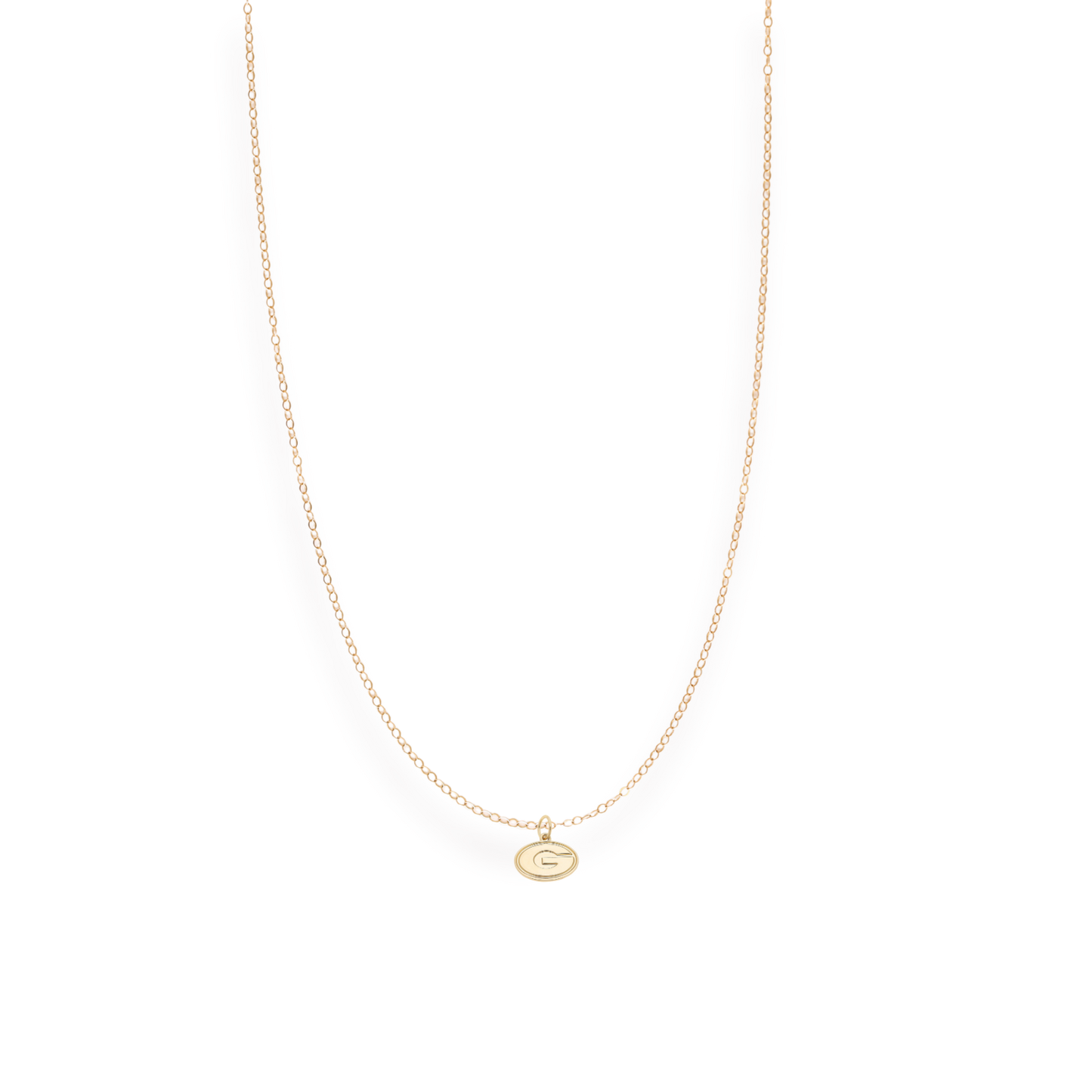 Gold necklace with a small pendant on a white background