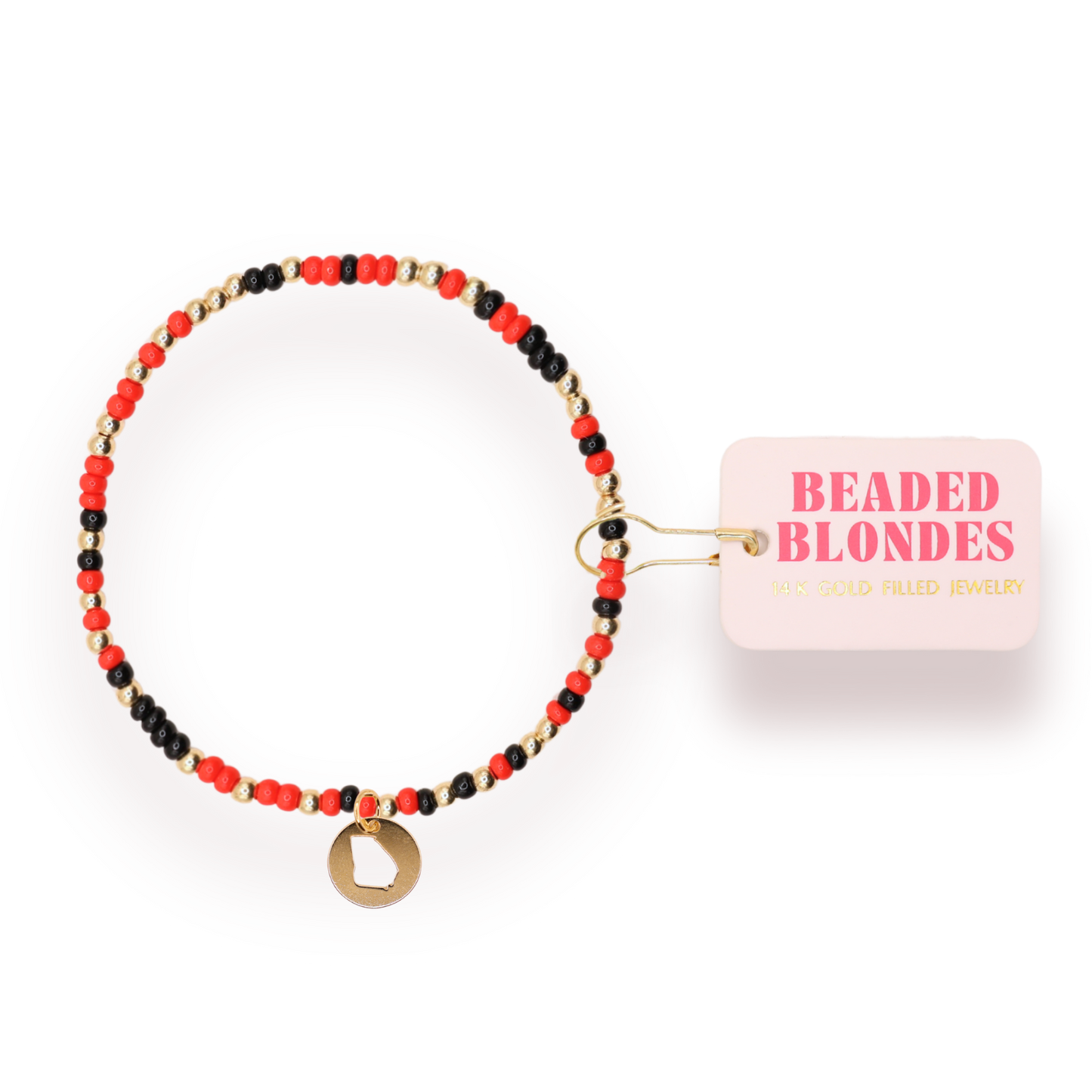 Beaded bracelet with red, black, and gold beads on a white background with 'Beaded Blondes' packaging.