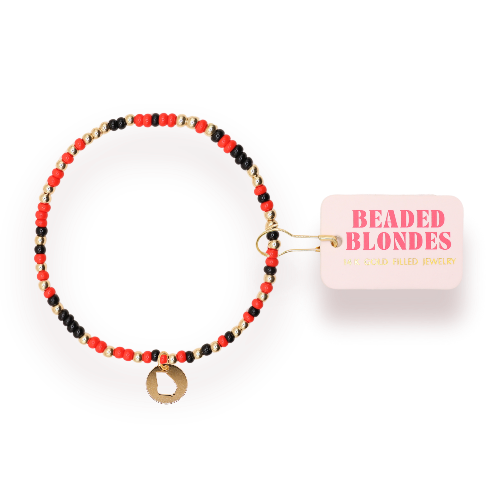 Beaded bracelet with red, black, and gold beads on a white background with 'Beaded Blondes' packaging.