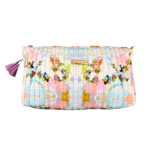 Multicolored quilted pouch with floral pattern on a white background