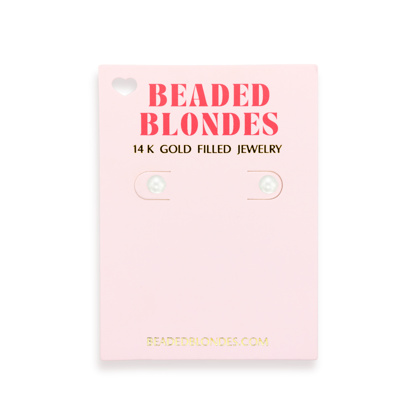 Beaded Blondes jewelry card with pink background and gold text