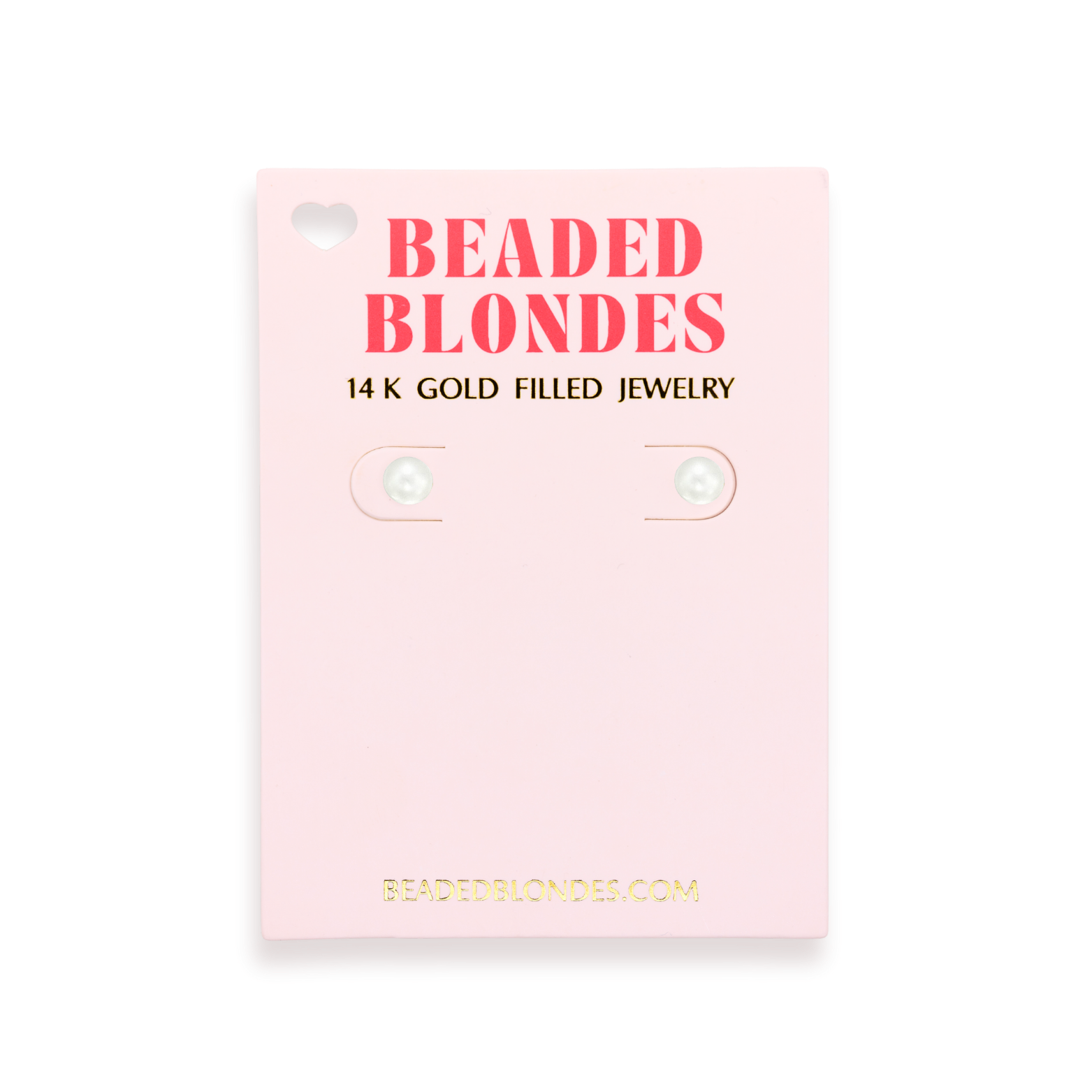 Beaded Blondes jewelry card with pink background and gold text