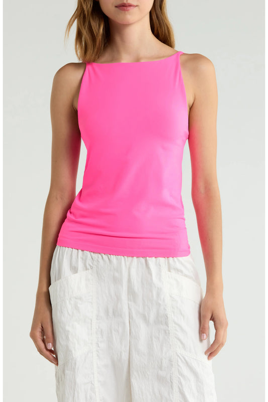 Britique Boutique model wearing Free People Hummingbird Pink Top with white background