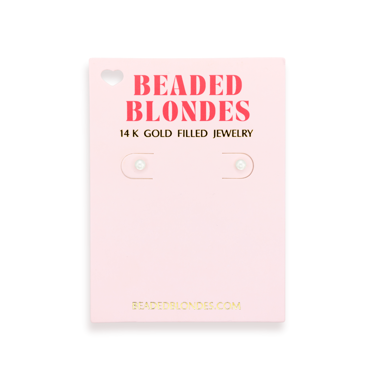 A pair of small round stud earrings displayed on a light pink backing card. The card reads 'BEADED BLONDES' in coral-red letters and '14 K GOLD FILLED JEWELRY' in black, with the website BEADEDBLONDES.