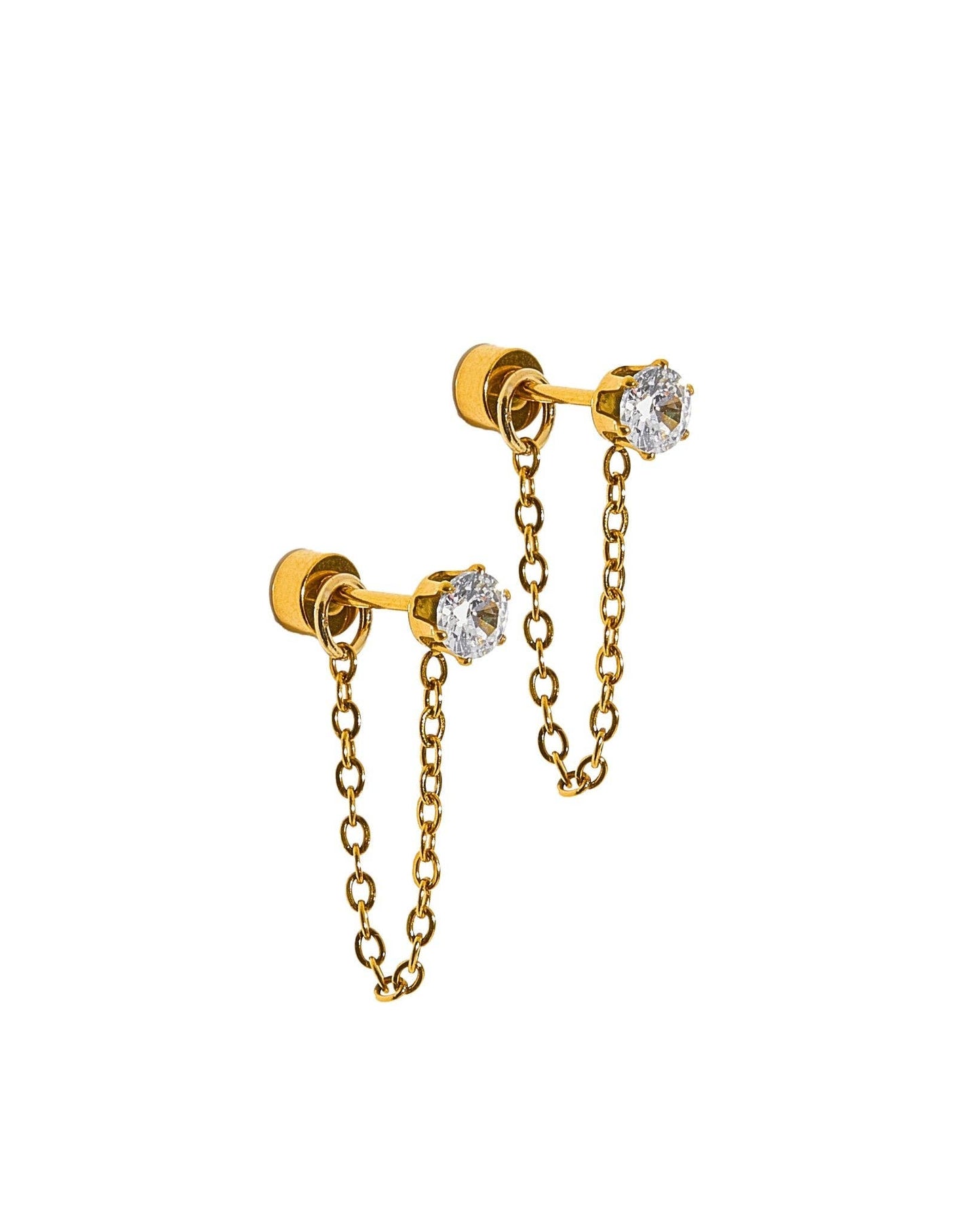 A pair of gold stud earrings with a short chain dangle and a clear round-cut gemstone, shown on a plain white background.