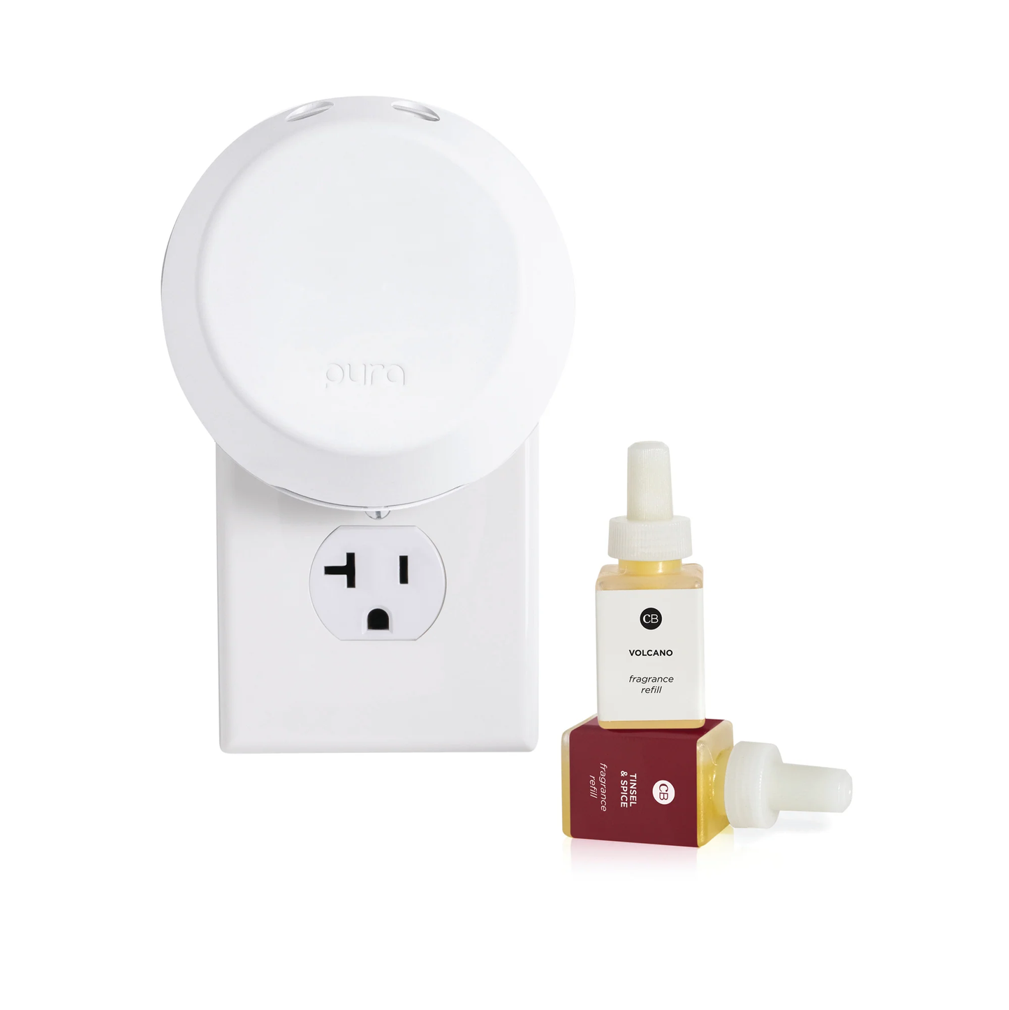 White night light and Volcano fragrance bottle on a white background