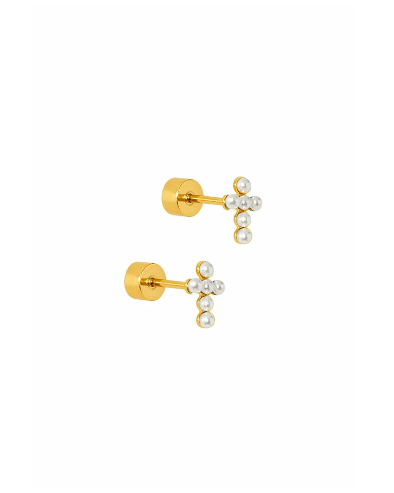 Linny Co Clara Cross Pearl Screwback Stud Earrings Waterproof