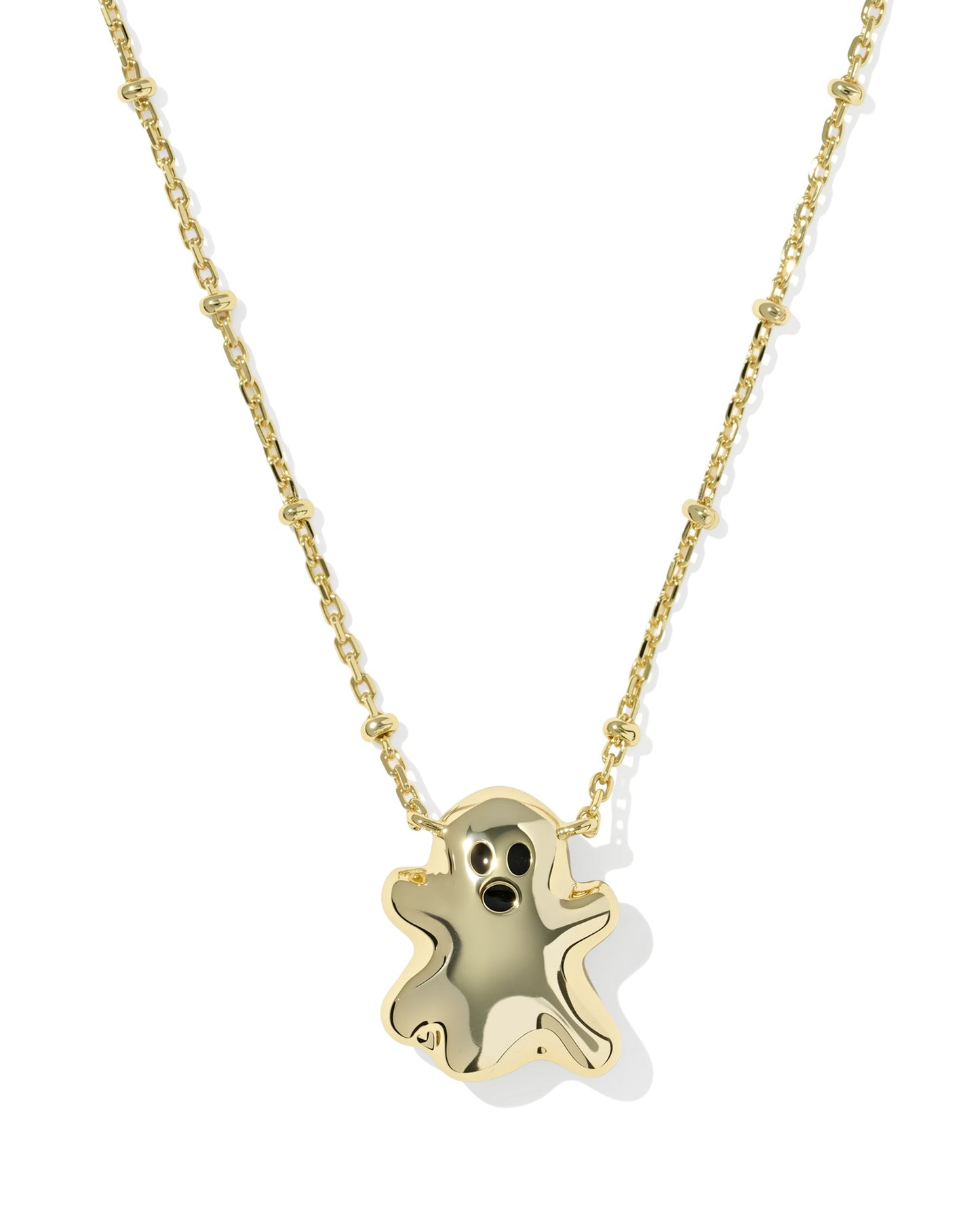Gold ghost-shaped pendant on a gold chain against a white background