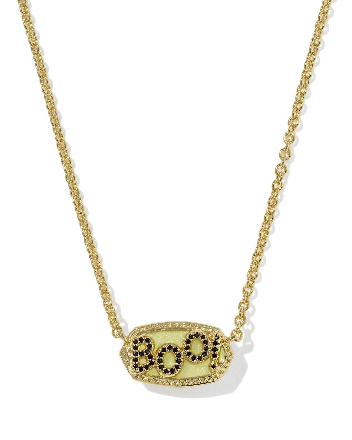  Gold Short Pendant Necklace with glow ion the dark pendant reversible side with black crystals spelling "boo"