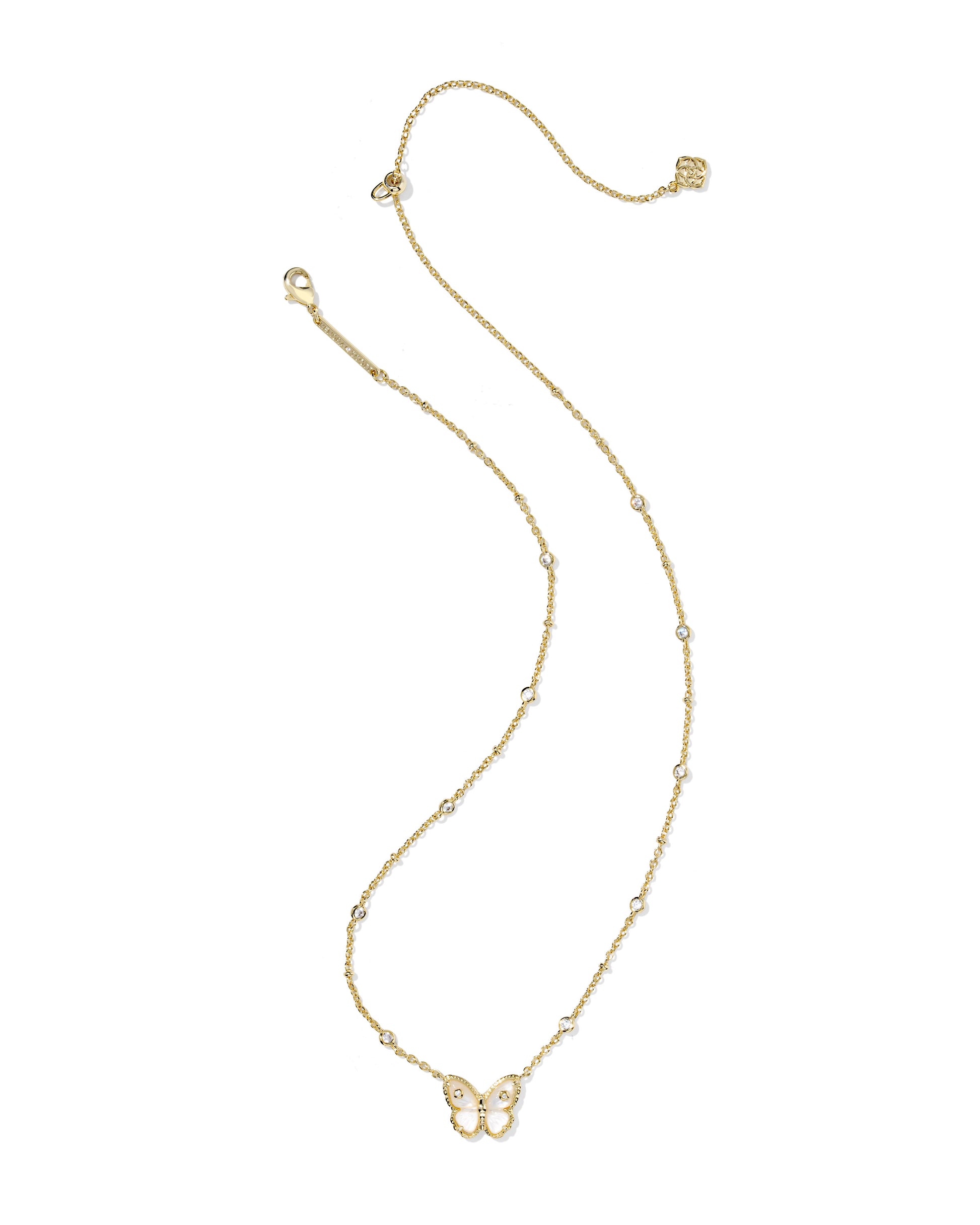 Gold necklace with a butterfly pendant on a white background
