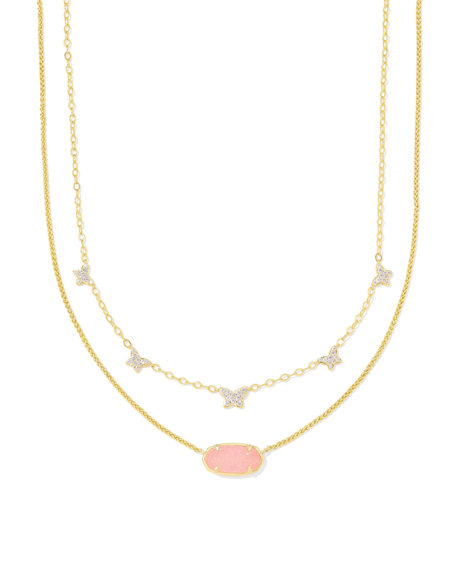 DOLLY PARTON X KENDRA SCOTT Gold Elisa Butterfly Multi Strand Necklace in Light Pink Drusy on white background