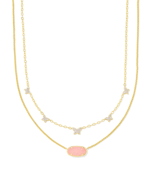 DOLLY PARTON X KENDRA SCOTT Gold Elisa Butterfly Multi Strand Necklace in Light Pink Drusy on white background