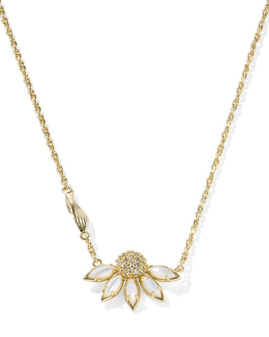 Gold necklace with a half flower pendant with white petals 