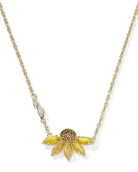 Gold necklace with a half flower pendant with yellow petals 