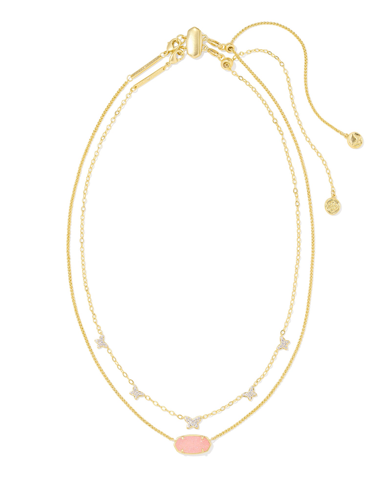 DOLLY PARTON X KENDRA SCOTT Gold Elisa Butterfly Multi Strand Necklace in Light Pink Drusy on white back ground including clasps