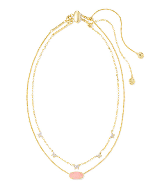 DOLLY PARTON X KENDRA SCOTT Gold Elisa Butterfly Multi Strand Necklace in Light Pink Drusy on white back ground including clasps