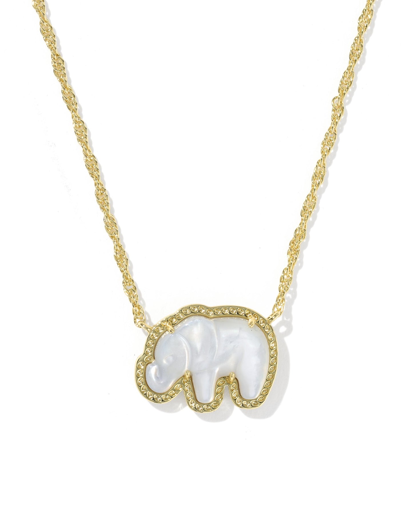 Necklace with a white elephant pendant on a gold chain against a white background