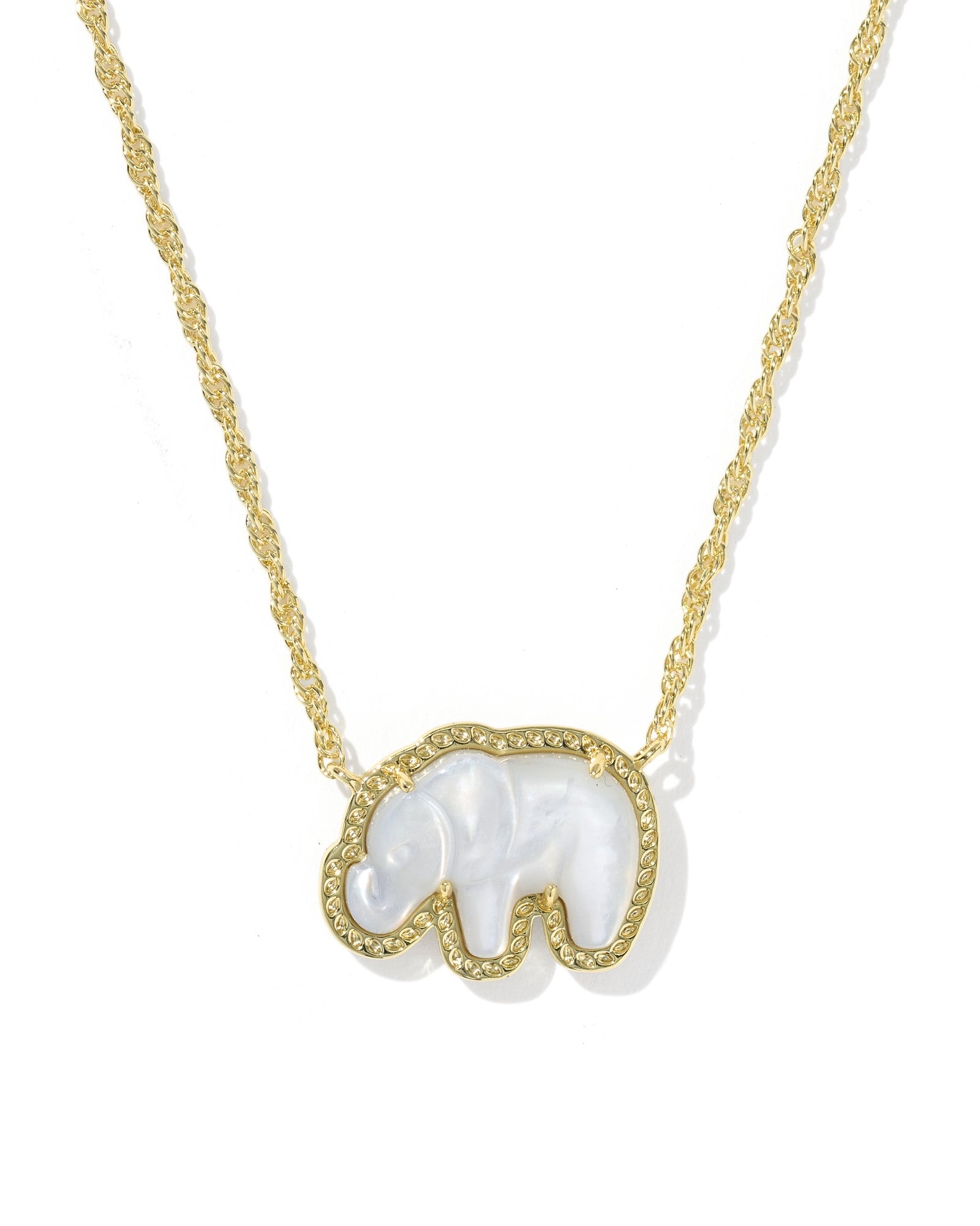 Necklace with a white elephant pendant on a gold chain against a white background