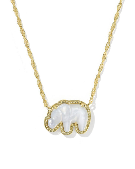 Necklace with a white elephant pendant on a gold chain against a white background