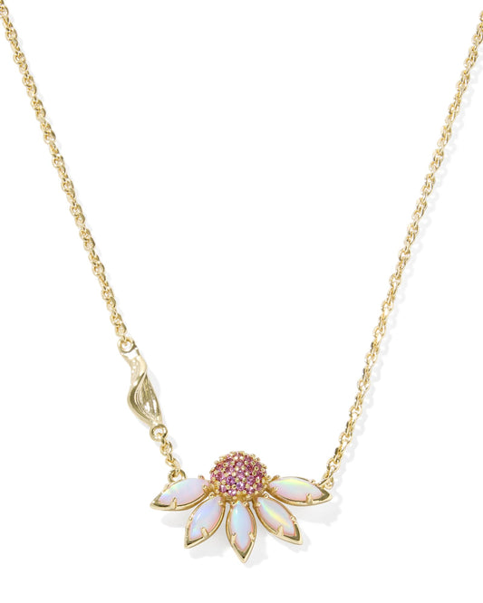 Gold necklace with half flower pendant with pink petals