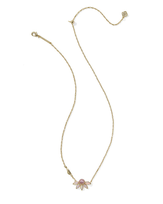 Gold necklace with half flower pendant with pink petals including clasps 