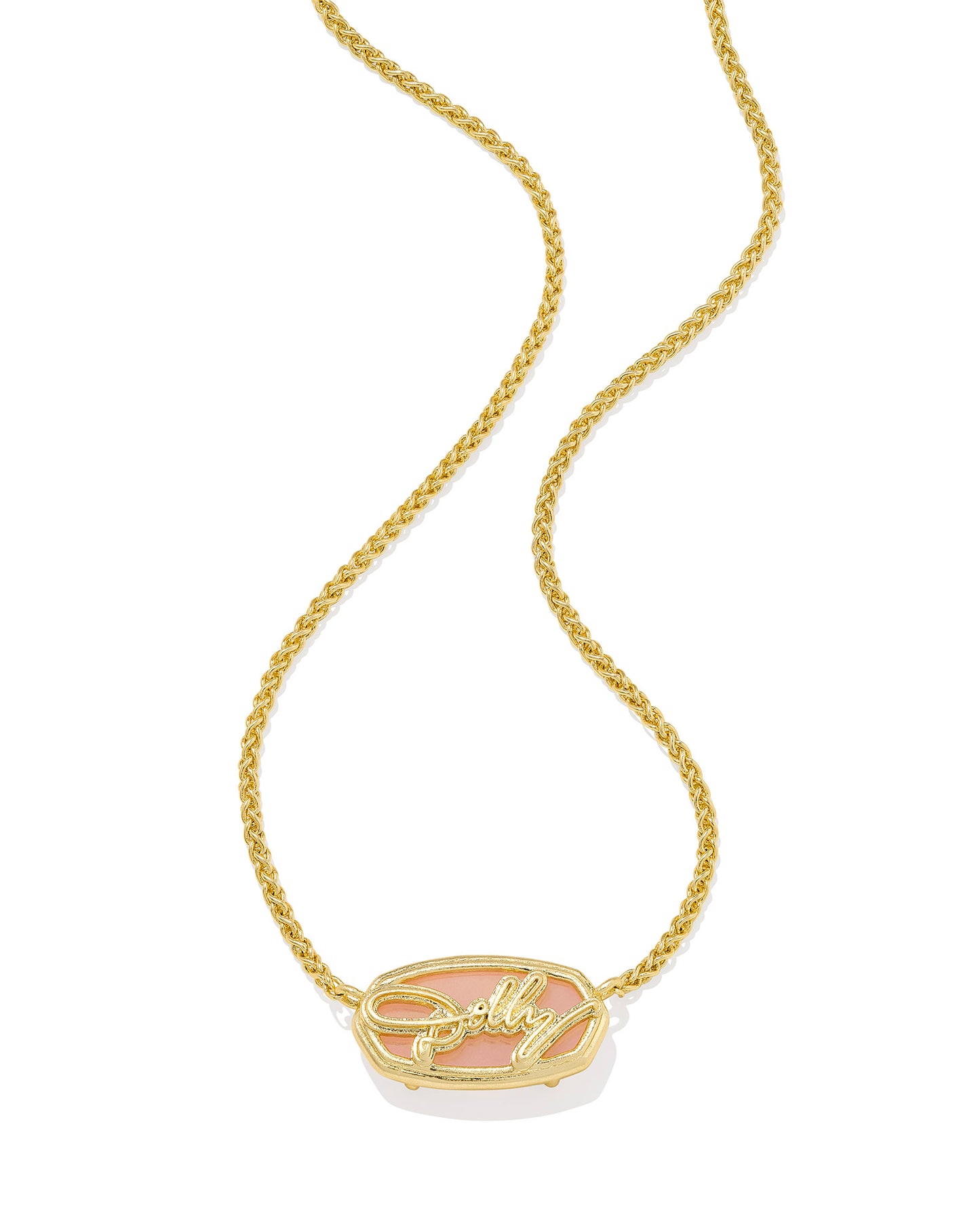 DOLLY PARTON X KENDRA SCOTT Gold Elisa Butterfly Multi Strand Necklace in Light Pink Drusy backside with Dolly signature on white background 
