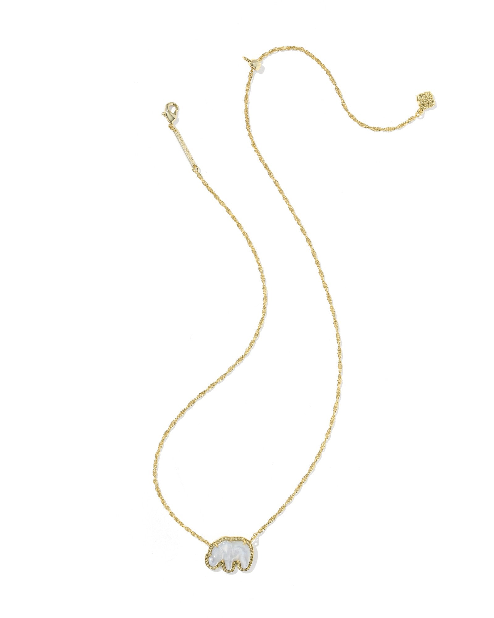 gold pendant necklace with light gray elephant pendant including clasps on white background
