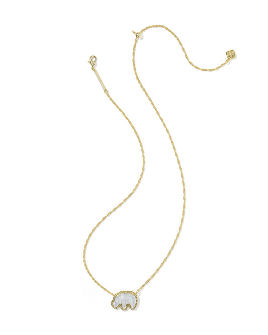gold pendant necklace with light gray elephant pendant including clasps on white background