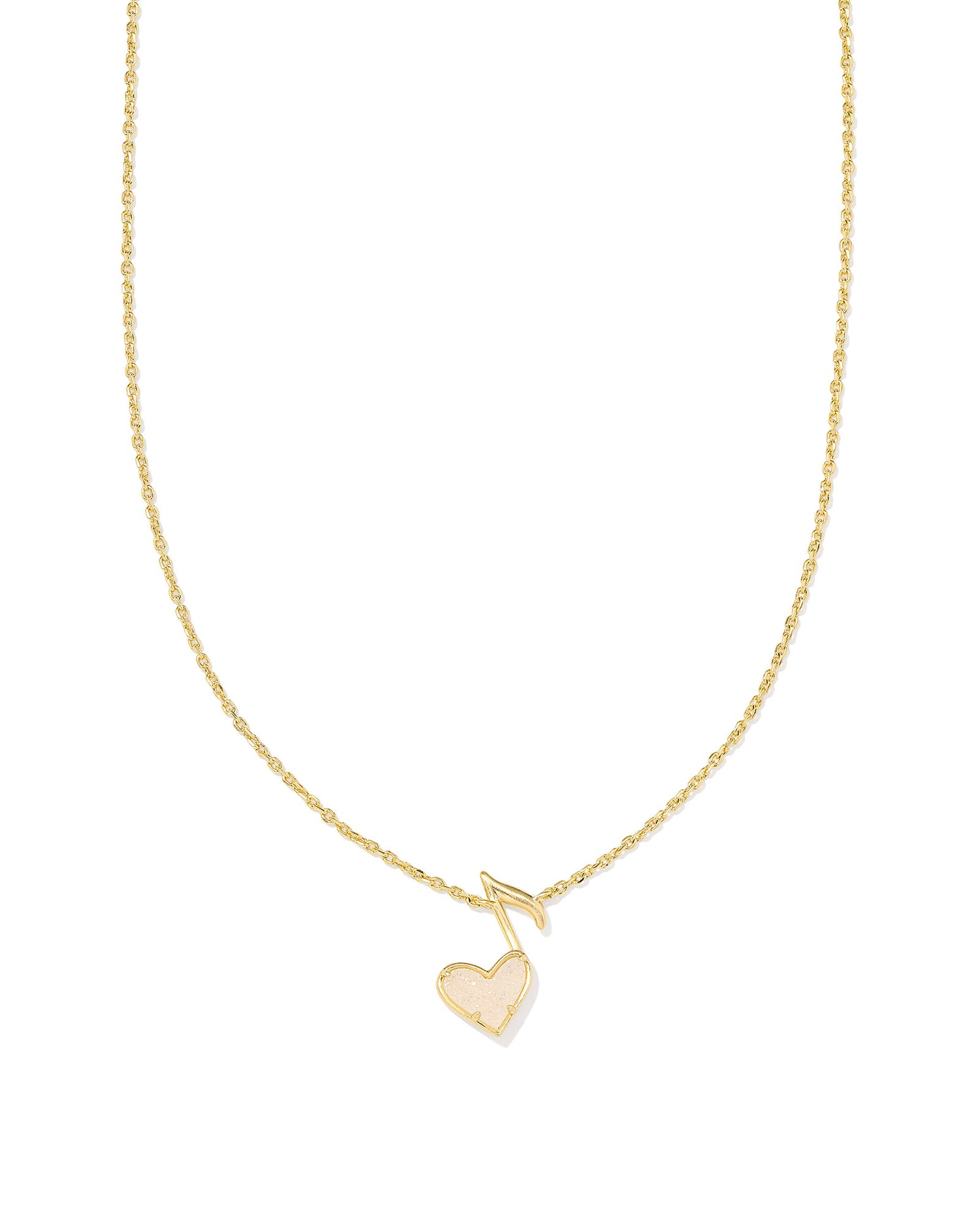DOLLY PARTON X KENDRA SCOTT Gold Ari Heart Music Note Short Pendant Necklace in Iridescent Drusy up close