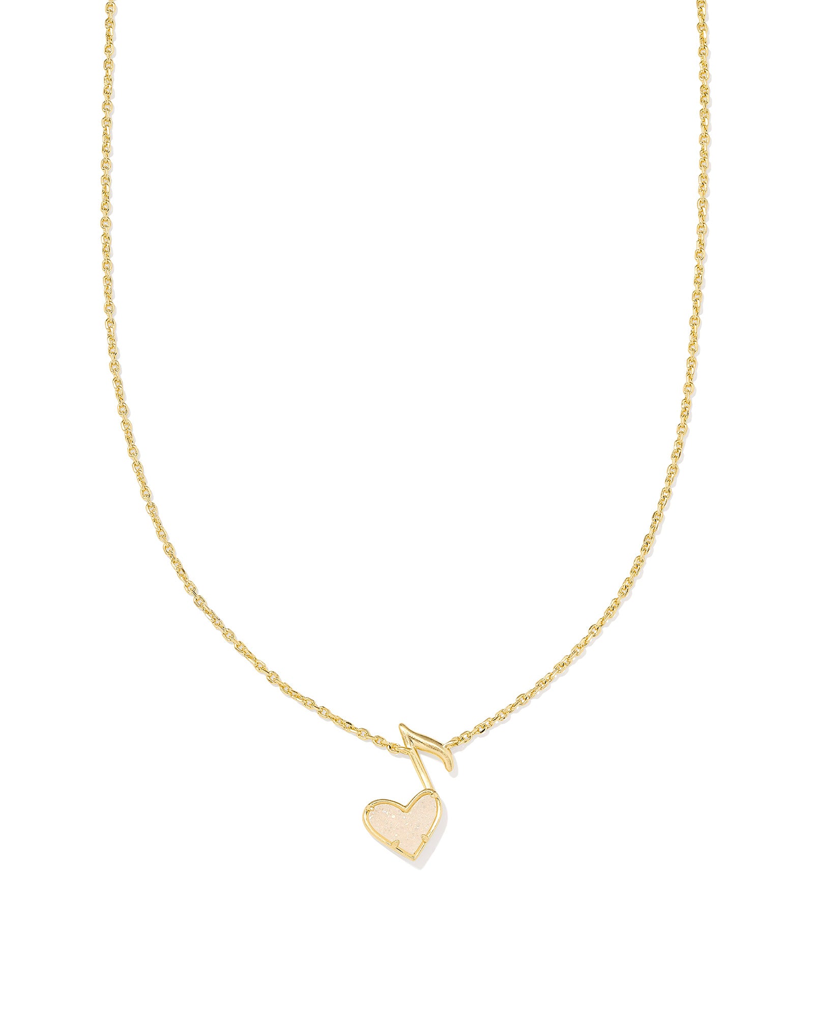 DOLLY PARTON X KENDRA SCOTT Gold Ari Heart Music Note Short Pendant Necklace in Iridescent Drusy up close