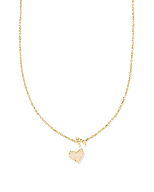 DOLLY PARTON X KENDRA SCOTT Gold Ari Heart Music Note Short Pendant Necklace in Iridescent Drusy up close