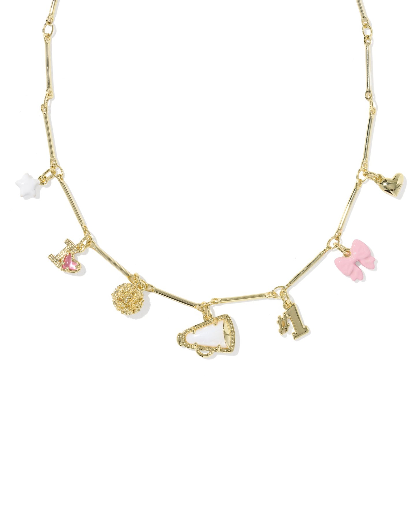 Kendra Scott charm necklace with cheer charms with pink, gold and white charms 