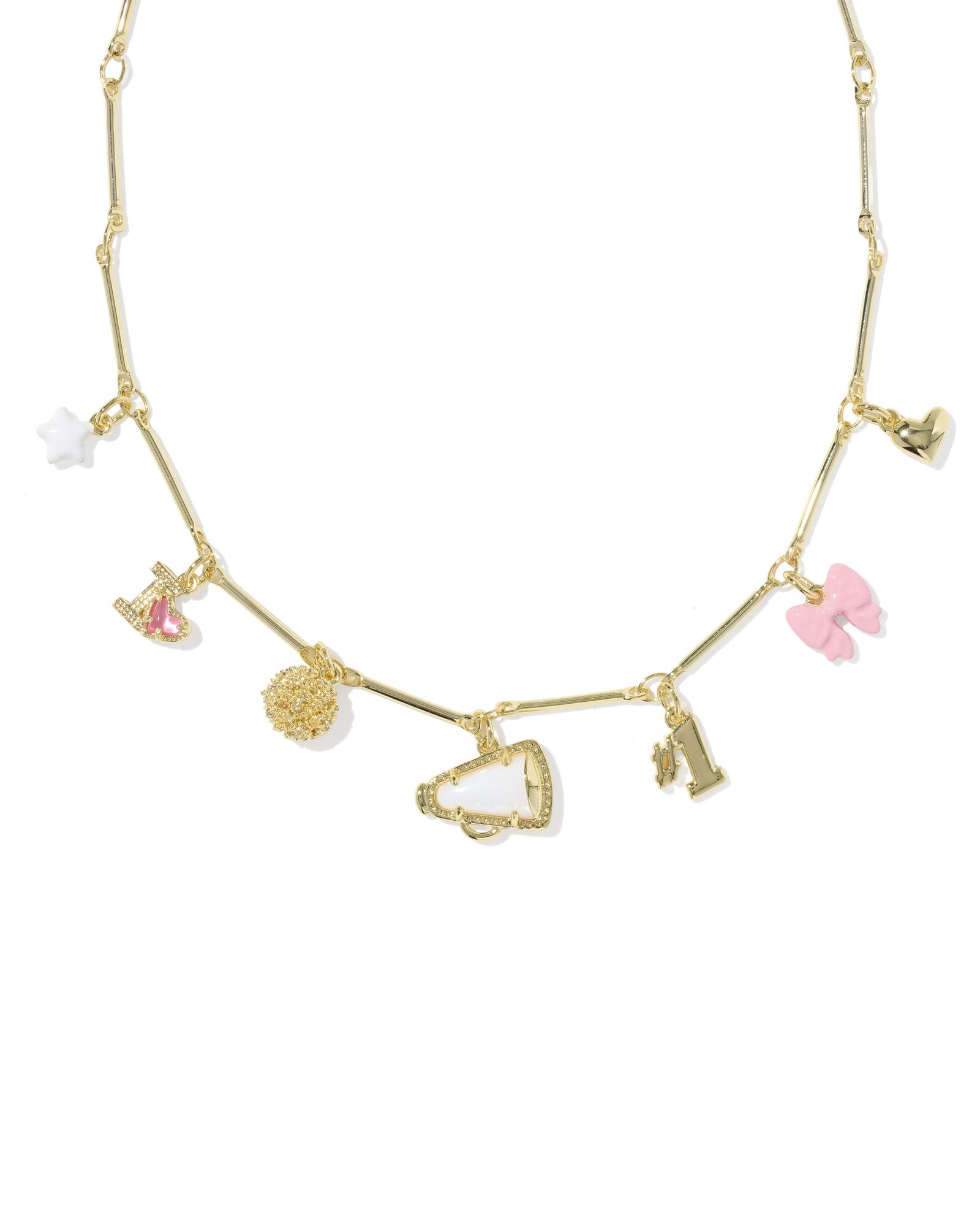 Kendra Scott charm necklace with cheer charms with pink, gold and white charms 