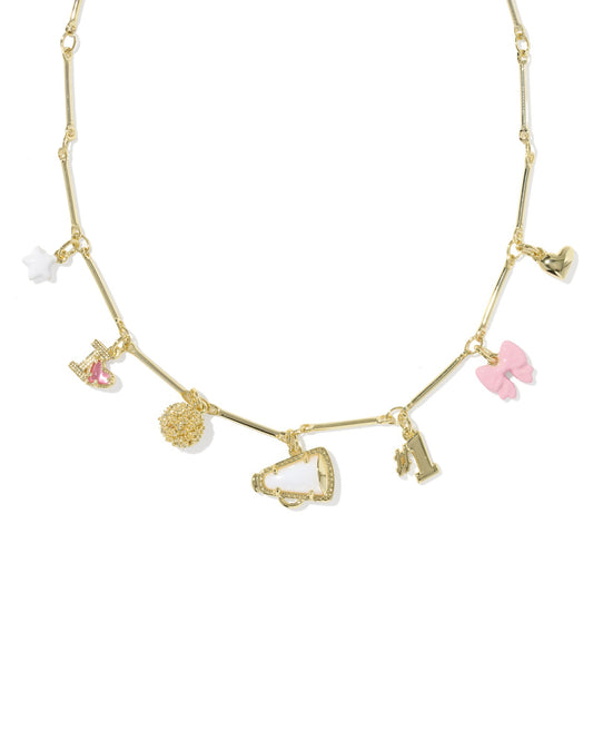 Kendra Scott charm necklace with cheer charms with pink, gold and white charms 