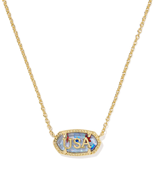 Kendra Scott gold necklace with pendant including red and blue stars with USA in gold
