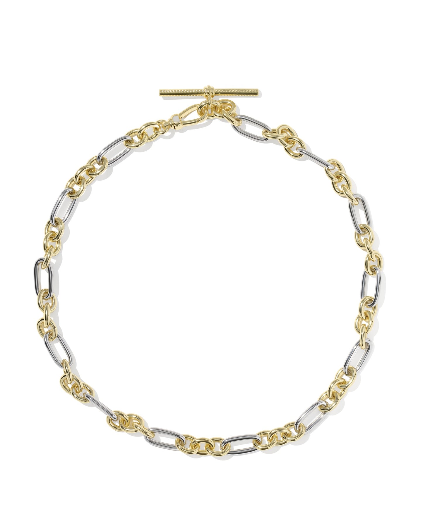 gold and silver chunky chain necklace close up on white background 