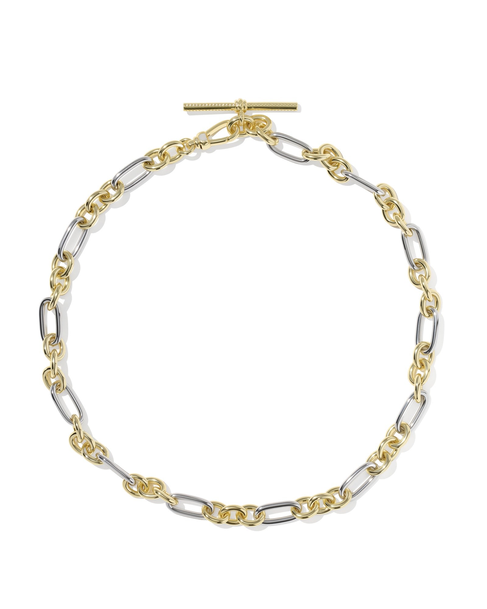 gold and silver chunky chain necklace close up on white background 