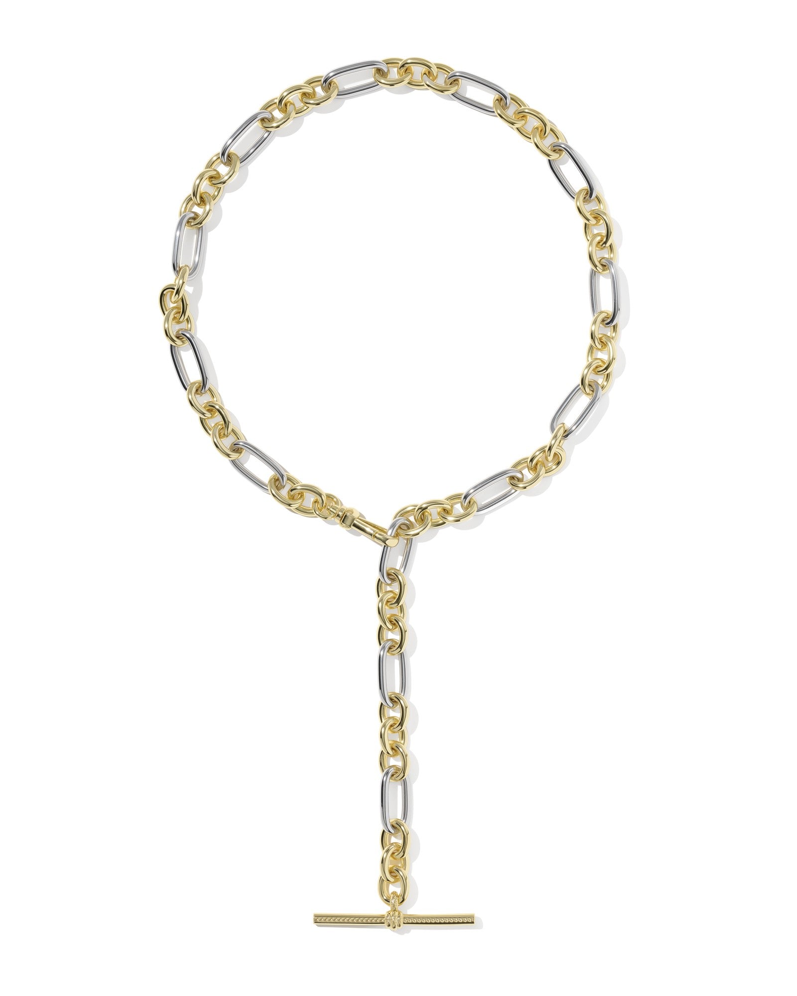 gold and silver chunky chain necklace close up on white background including extender