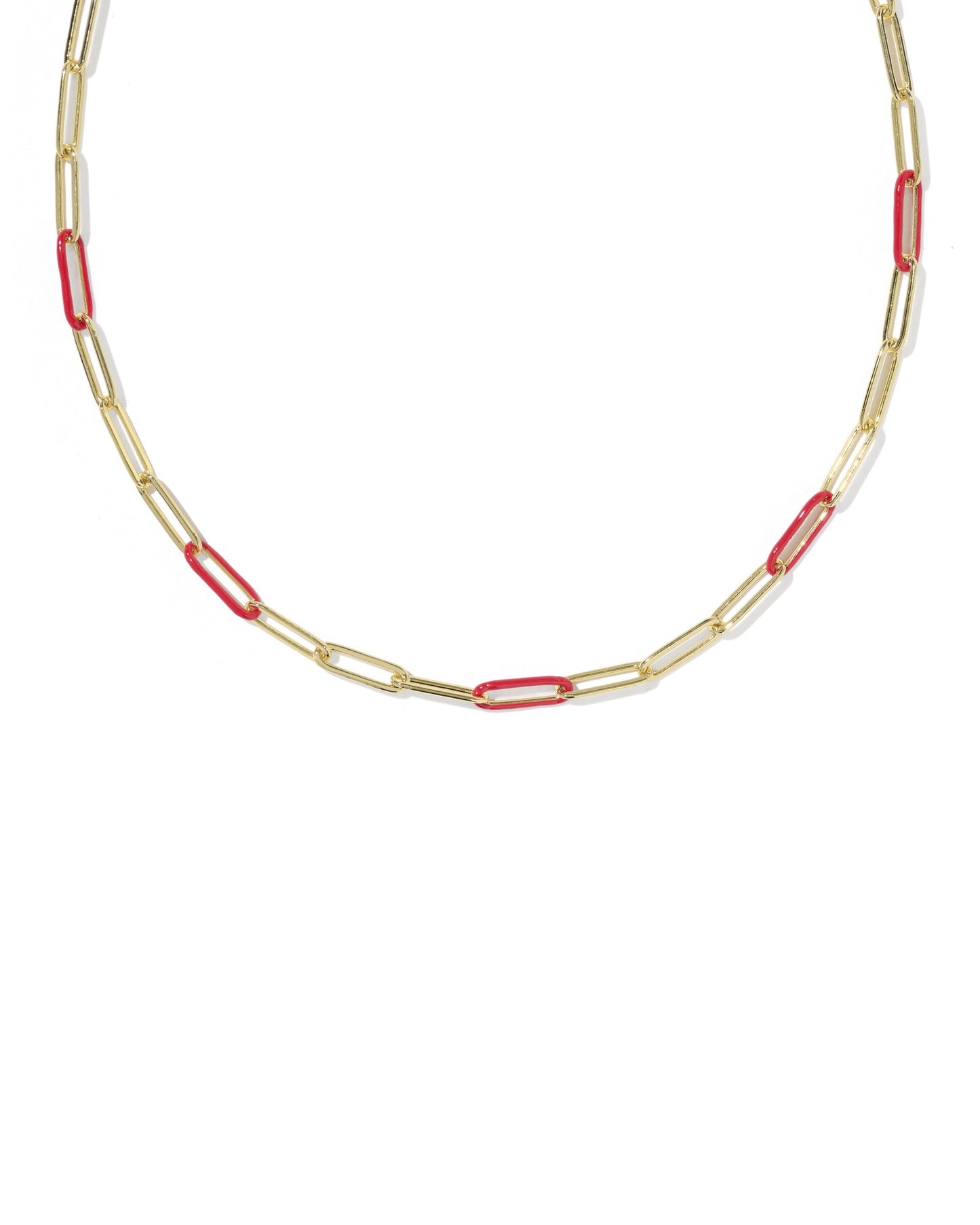 Gold chain with red and gold links on white background