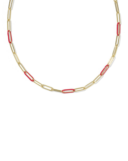 Gold chain with red and gold links on white background